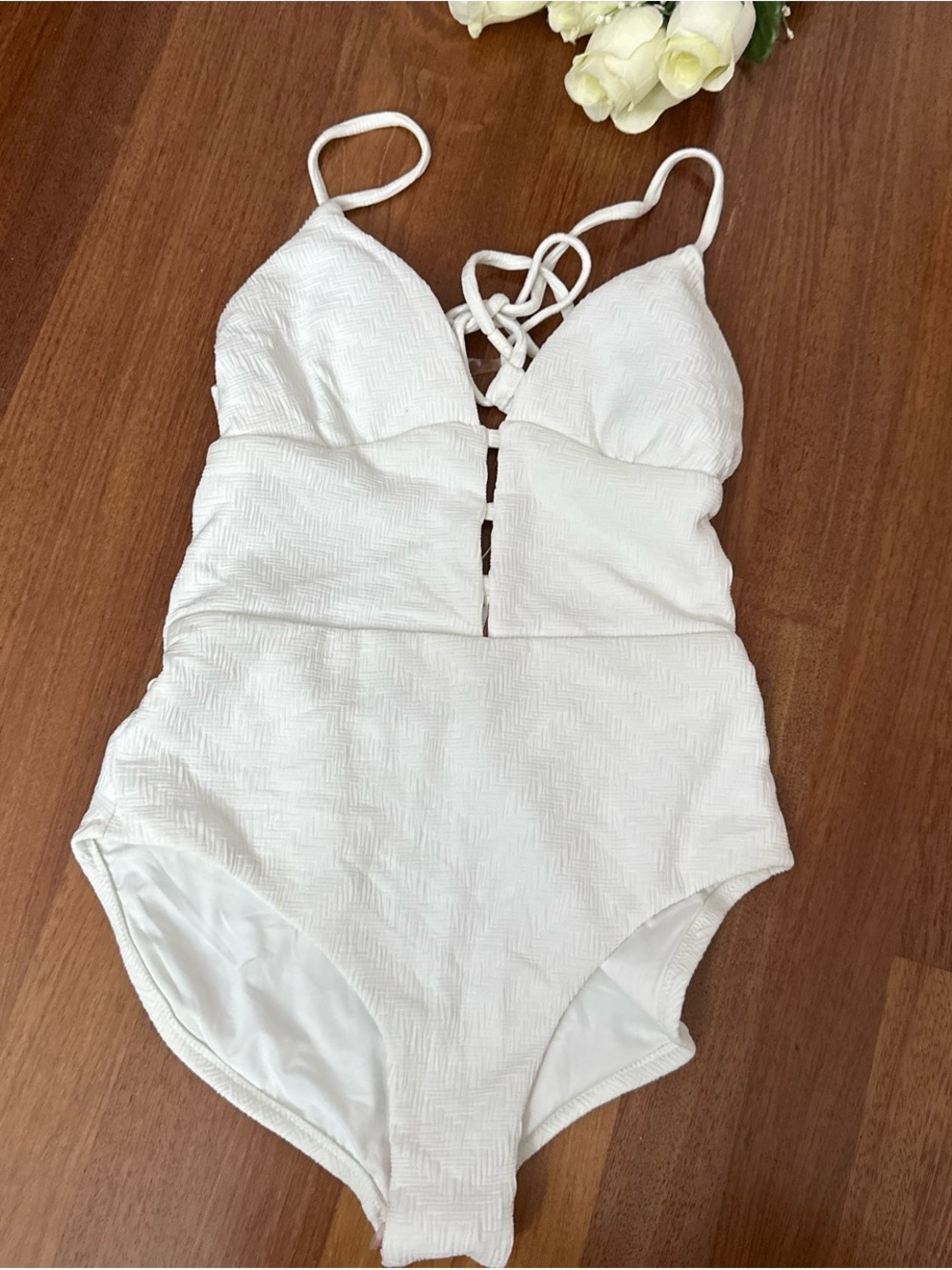 Textured White One-Piece Swimsuit with Lace-Up Front
